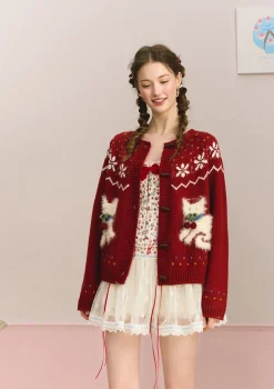 Berry Cream Kitty Knit Cardigan