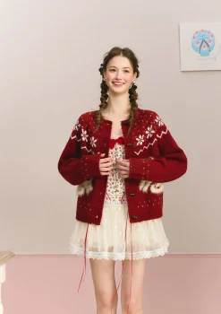 Berry Cream Kitty Knit Cardigan