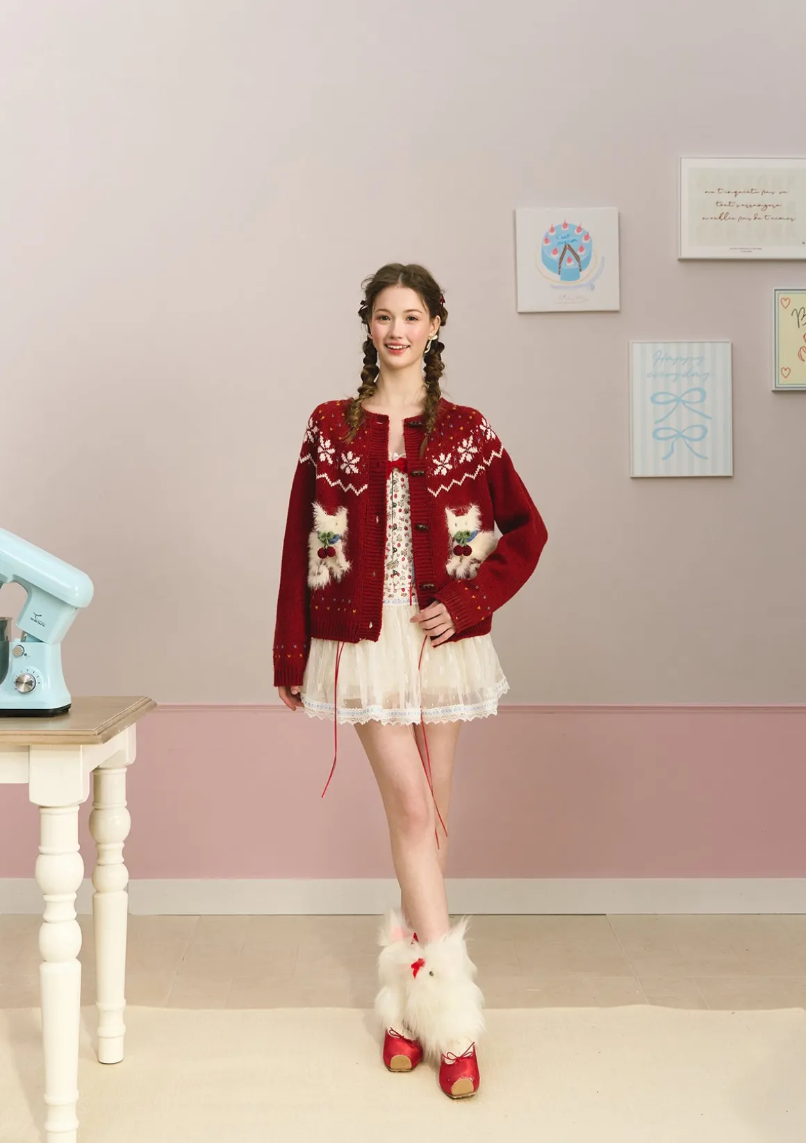 Berry Cream Kitty Knit Cardigan