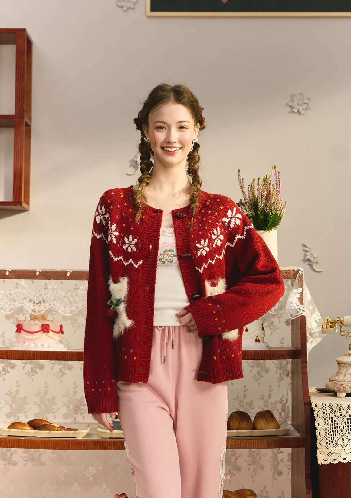 Berry Cream Kitty Knit Cardigan