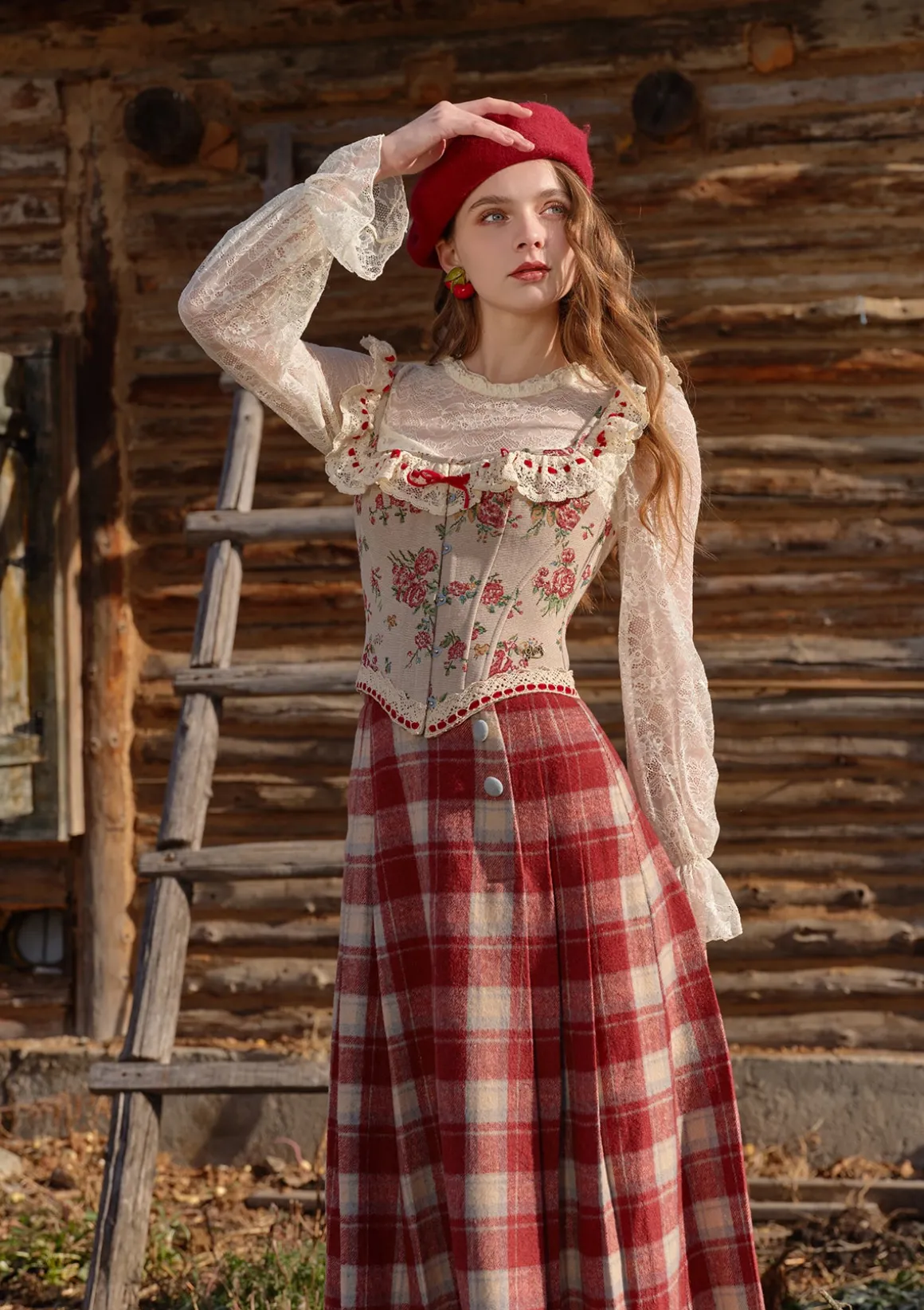 Rosey Christmas Cottage Skirt